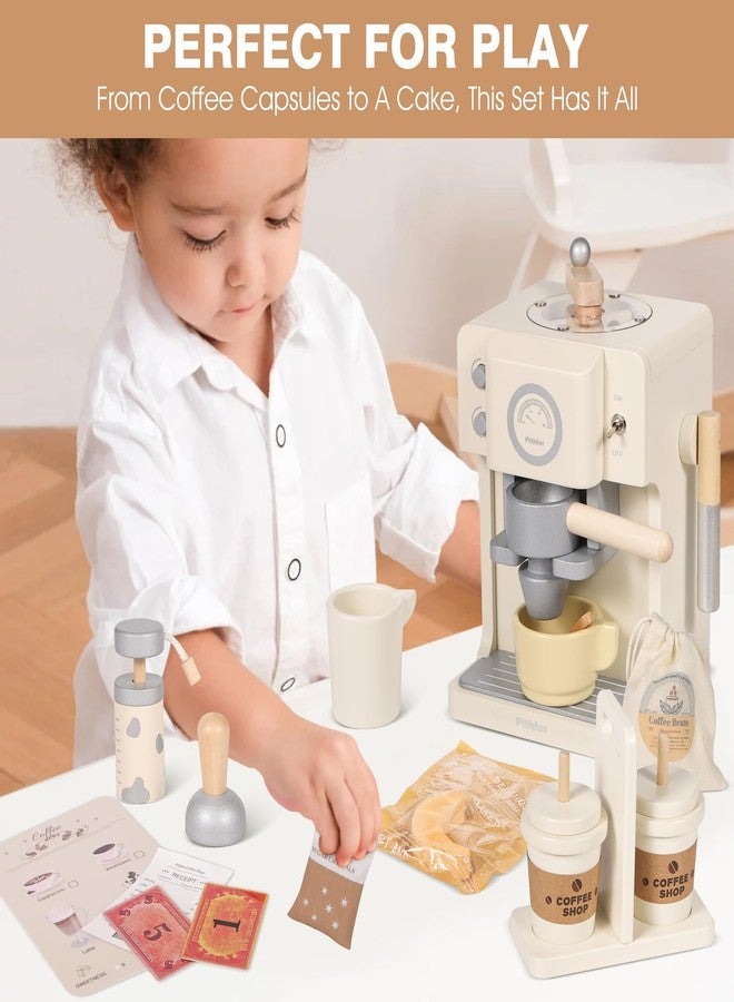 Pithfor Kids Wooden Coffee Playset with Grinder, Toy Coffee Maker for Kids Toddlers, Pretend Play Kitchen Appliances & Accessories Toy Gift for Boys Girls - Image 2